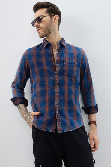 Versatile Navy & Copper Denim Plaid Checks Shirt