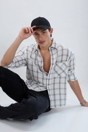 White & Olive Tartan Checkered Boxy Fit Crop Shirt