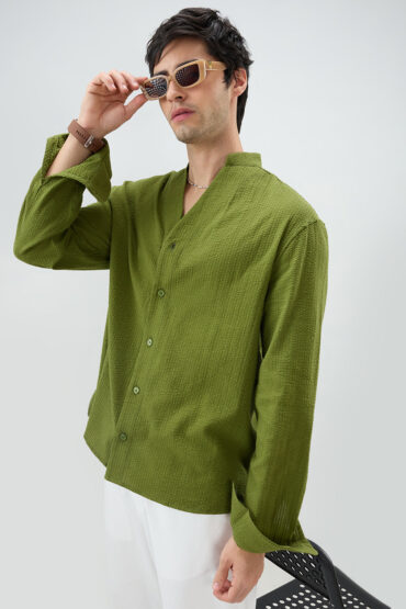 Basil Green Seersucker Striped Stand Collar Oversized Shirt