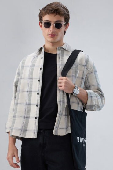 Off-White & Grey Jacquard Weave Checked Boxy Fit Crop Shirt