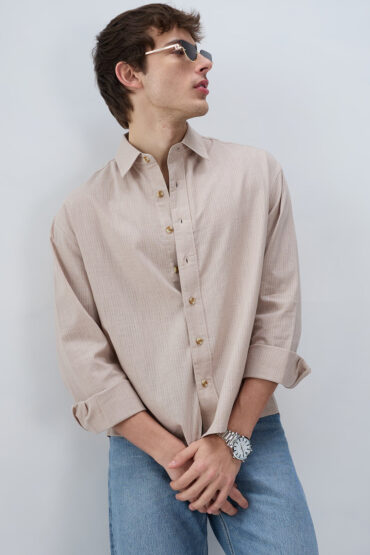 Neutral Beige Airy Slub Textured Boxy Fit Crop Shirt