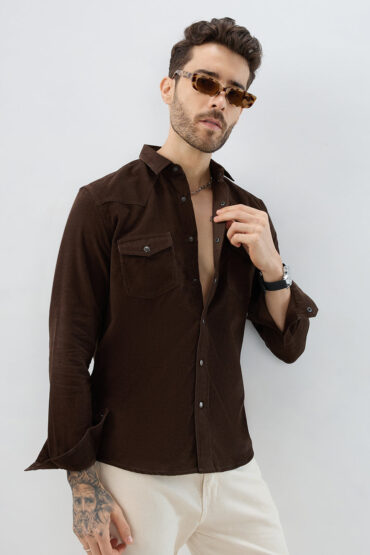 Rich Hickory Brown Double Pocket Corduroy Overshirt