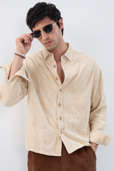 Denim Bisque Beige Artistic Embroidered Boxy Fit Crop Shirt