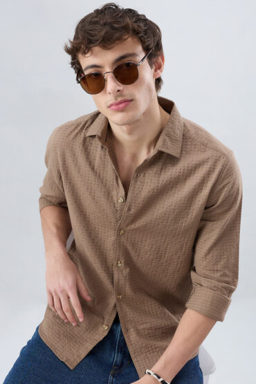 Mocha Brown Box Checks Embossed Double Cloth Shirt