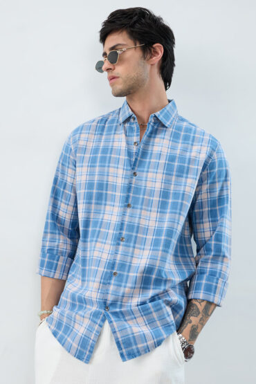 Denim Blue & Peach Plaid Checks Shirt