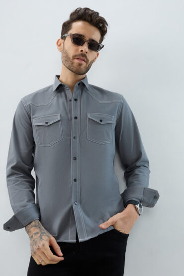 Metallic Grey Contrast Stitch Double Pocket Overshirt