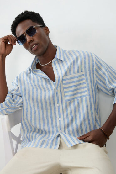 Blue & Off-White Striped Boxy Fit Crop Shirt