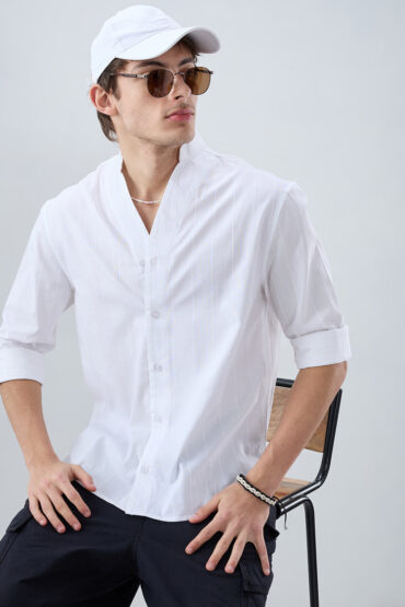 Snow White Panel Textured Stand Collar Oversized Shirt