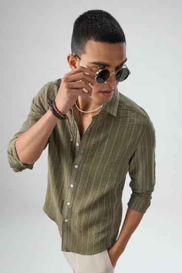 Olive Striped Crinkled Shirt