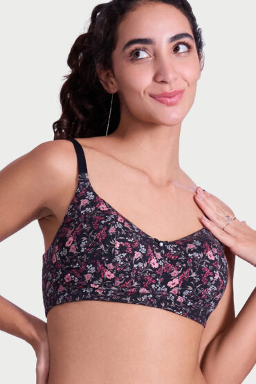 Aentic Full Support Modal T-Shirt Bra - Padded, Non-Wired, Full Coverage - A177 (Black Bouquet Print)
