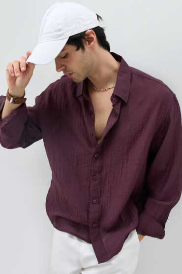 Solid Wine Sheer Crepe Boxy Fit Crop Shirt