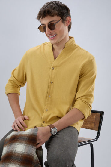 Soft Honey Yellow Diagonal Textured Stand Collar Oversized Shirt