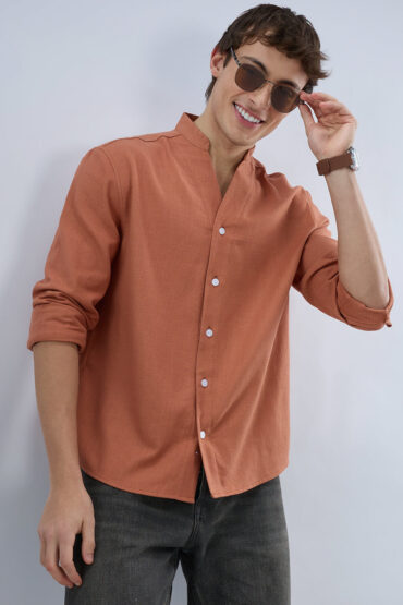 Soft Cider Orange Diagonal Textured Stand Collar Oversized Shirt