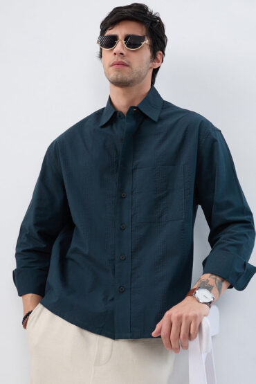 Luxe Dark Green Refined Seersucker Striped Boxy Fit Crop Shirt