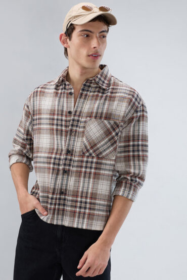 Orange & Brown Plaid Checks Boxy Fit Crop Shirt