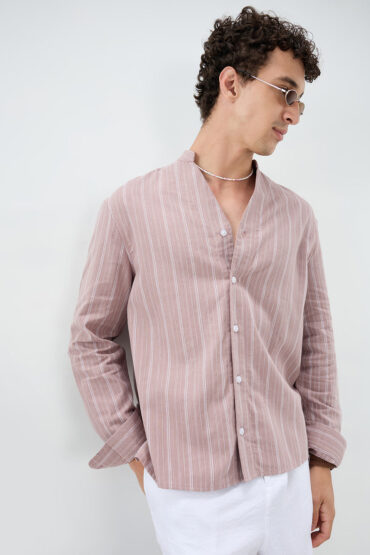 Deep Pastel Peach Striped Linen Blend Stand Collar Oversized Shirt