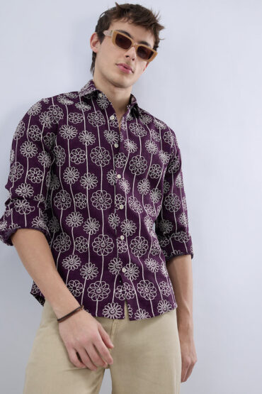 Wine Floral Embroidered Slub Shirt