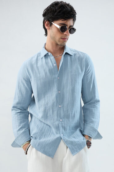 Luxe Powder Blue Seersucker Double Coth Striped Shirt