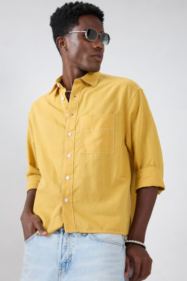 Luxe Mustard Contrast Stitch Linen Blend Boxy Fit Crop Shirt