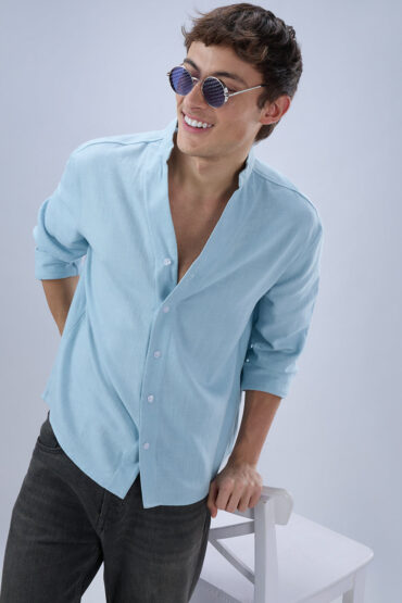 Soft Baby Blue Diagonal Textured Stand Collar Oversized Shirt