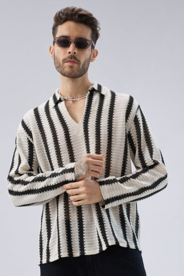 Vintage Mood Monochrome Crochet Striped Oversized Polo Shirt