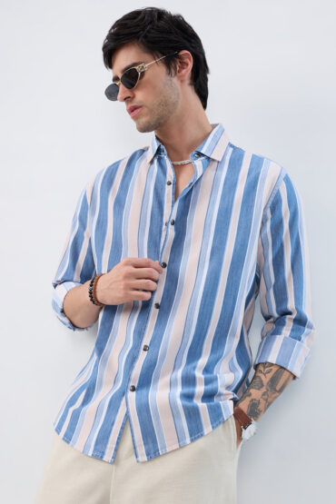 Denim Blue & Peach Broad Striped Shirt