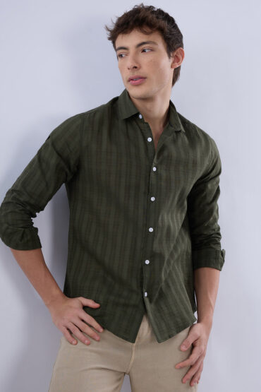 Army Green Textured Striped Shirt