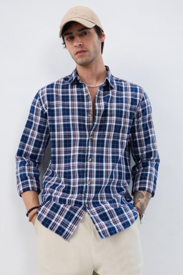 Denim White & Navy Herringbone Plaid Checks Shirt