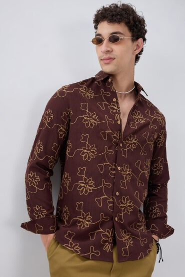 Brown Slub Textured Floral Contrast Embroidered Shirt