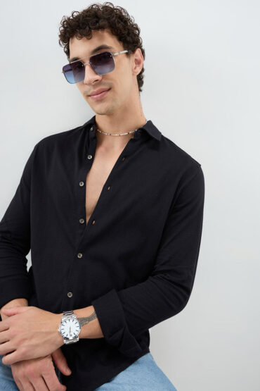 Elegant Black Knit Textured Shirt