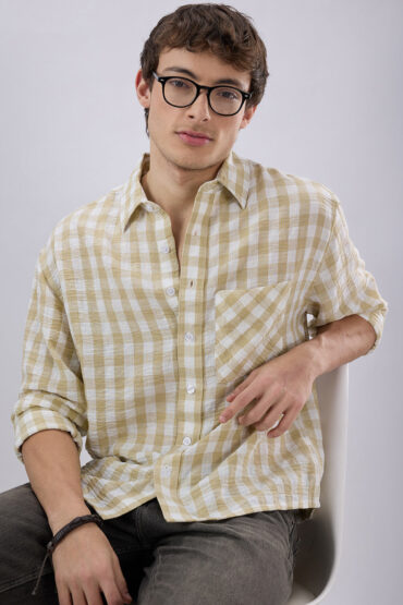 Soft Olive Gingham Checks Crinkled Boxy Fit Crop Shirt