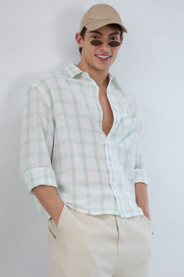 Minted Sage Green Box Checks Boxy Fit Crop Shirt