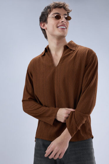 Luxe Brown Fine Lozenge Weave Polo Oversized Shirt
