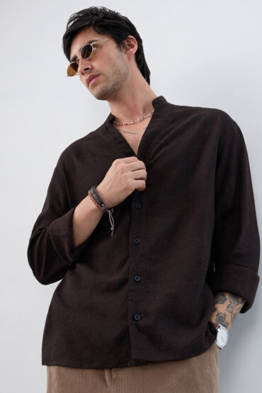 Premium Cocoa Motif Weave Linen Blend Stand-Collar Oversized Shirt