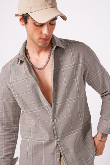 Elegant Taupe Brown Windowpane Checks Shirt