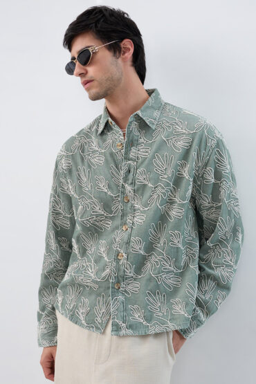 Denim Sage Green Artistic Embroidered Boxy Fit Crop Shirt