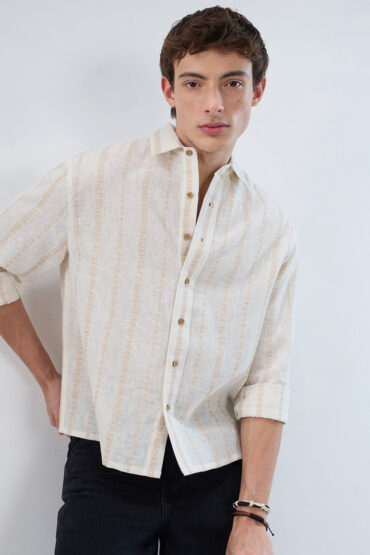 Ivory & Beige Burlap Striped Embroidery Boxy Fit Crop Shirt