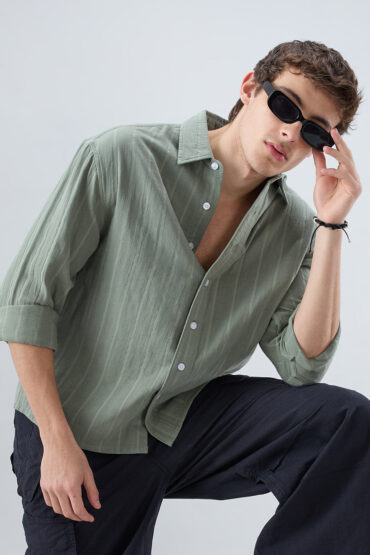 Forest Green Double Cloth Striped Boxy Fit Crop Shirt