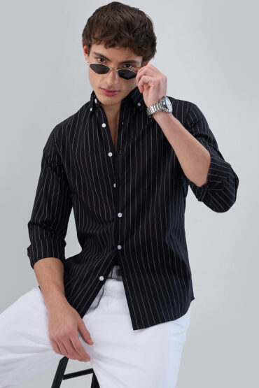 Black Balanced Striped Button Down Collar Shirt