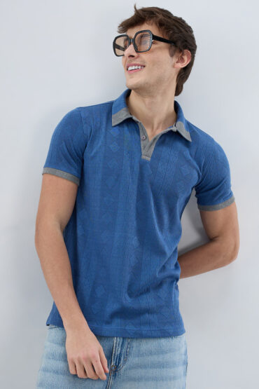 Denim Blue Constrast Polo Neck Knit T-shirt