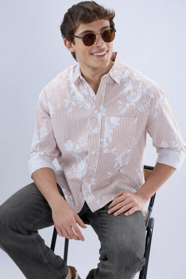 Brown & White Contemporary Floral Boxy Fit Crop Shirt