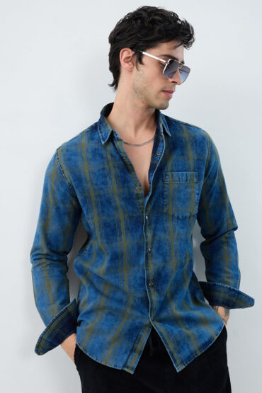 Versatile Navy & Green Denim Plaid Checks Shirt