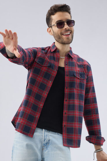 Majestic Red & Navy Tartan Checkered Twin Pocket Shirt