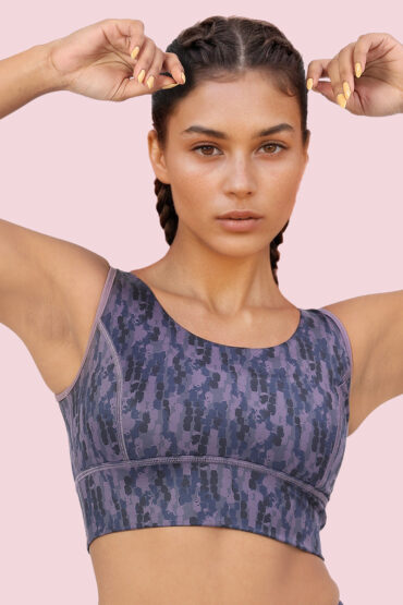 Aentic Cutaway Back Detail Quick Dry Printed Sports Bra - Removable Padding, Non-Wired, Medium Coverage - A204 (Step Brush Print)