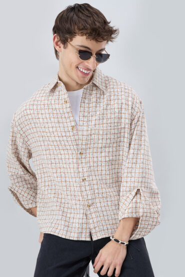 White & Brown Interweave Textured Cuffless Oversized Crop Shirt