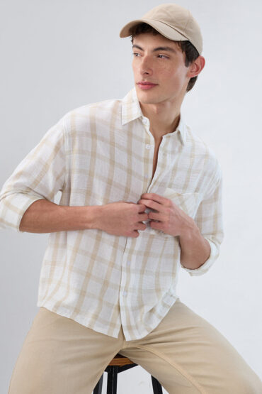 Warm Beige Checks Fine-Weave Boxy Fit Crop Shirt