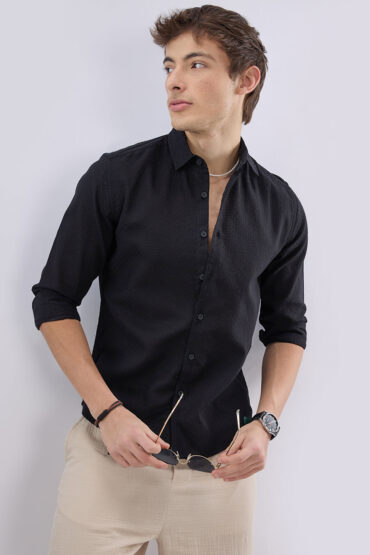 Black Open Weave Refined Textured Shirt
