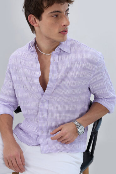 Purple Seersucker Gingham Checks Boxy Fit Crop Shirt