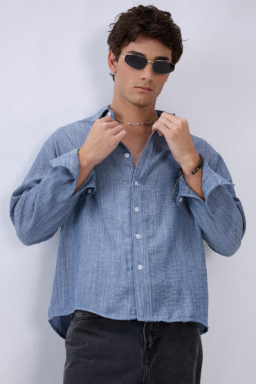 Slate Blue Textured Boxy Fit Crop Shirt