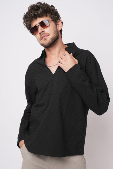 Black Petal Grid Embroidered Polo Neck Oversized Shirt